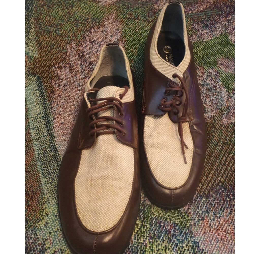 PreownePreowned Men's Stacy Adams Fabric & Leather Brown/ Cream Oxford - Size 12
